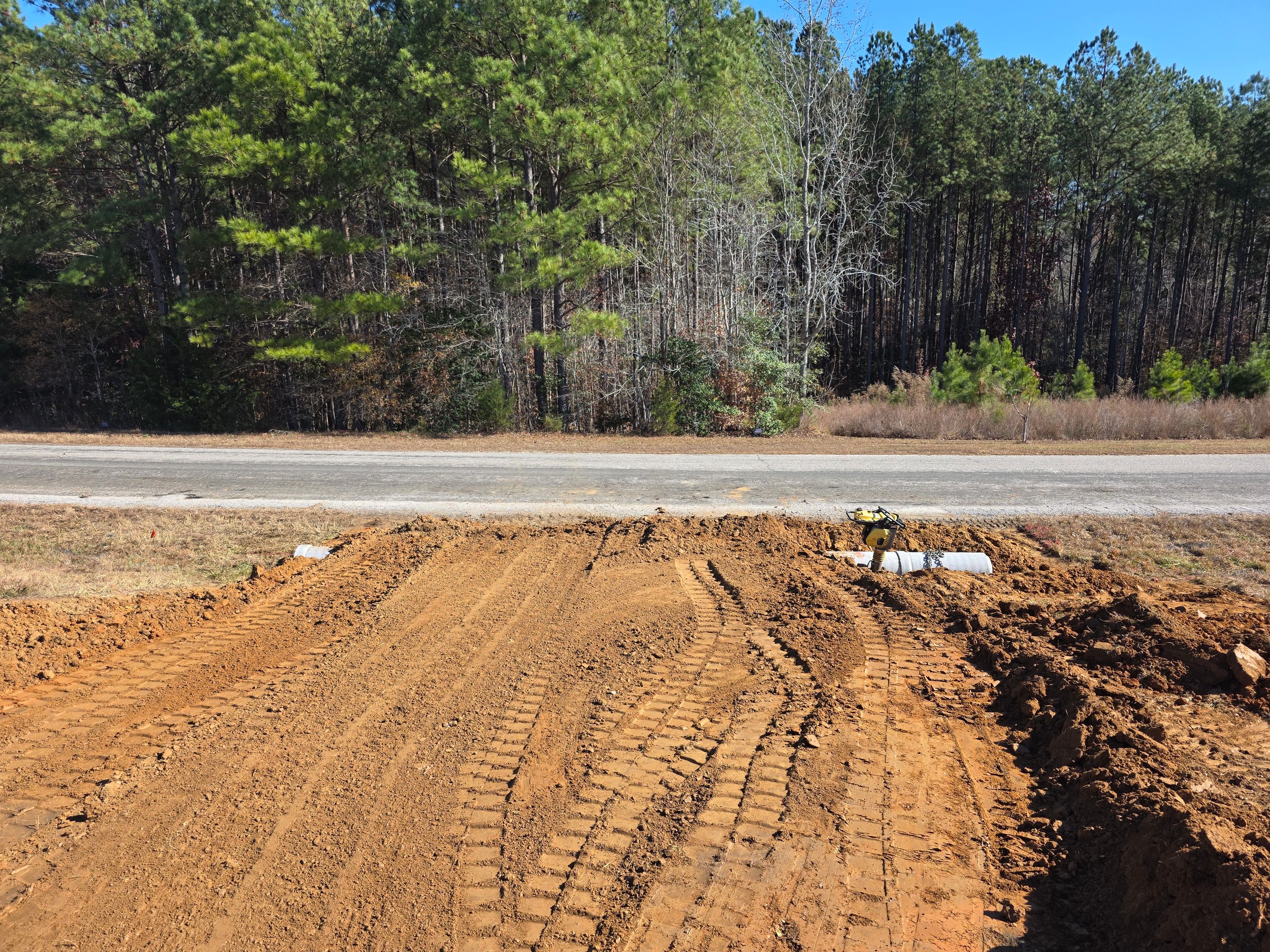 Graded dirt land with tire tracks and a road surrounded by dense pine trees.