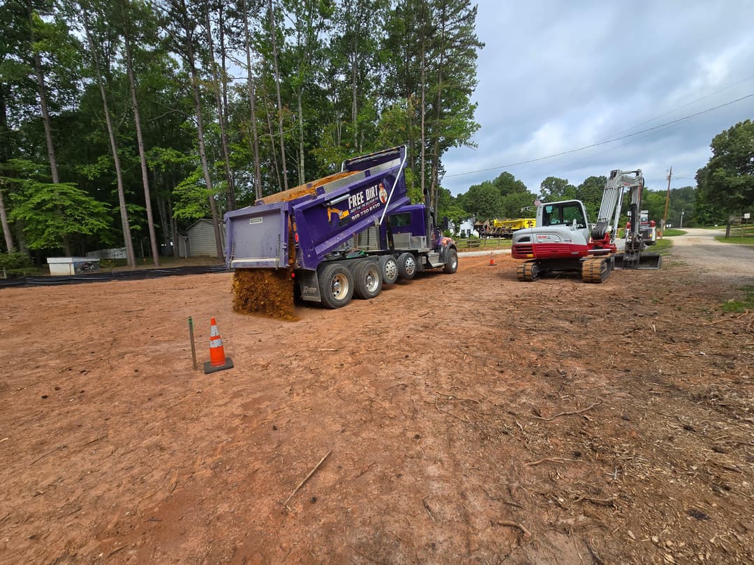 Dump truck unloading dirt on a construction site with heavy machinery in the background.