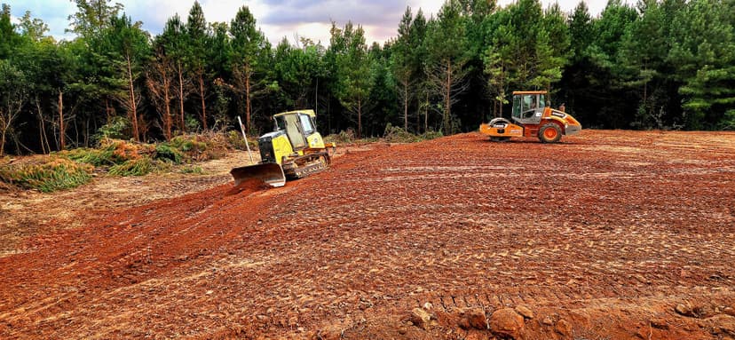 Excavators leveling dirt on a construction site surrounded by pine trees.