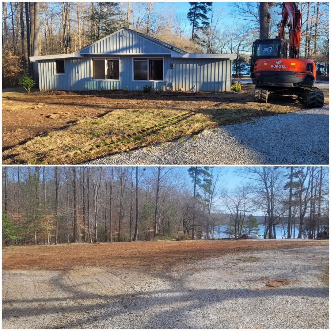 Before-and-after landscaping project showcasing a home and cleared yard near a lake.