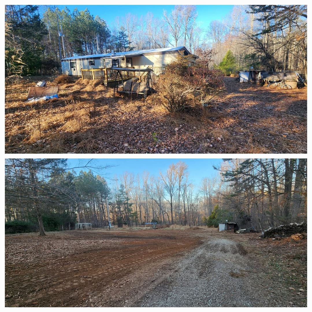 Before and after images of a cleared wooded lot with a mobile home and surrounding area.