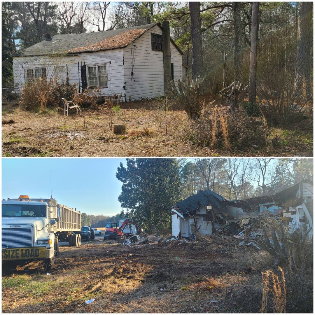 Before and after: abandoned house renovation with heavy machinery clearing debris.