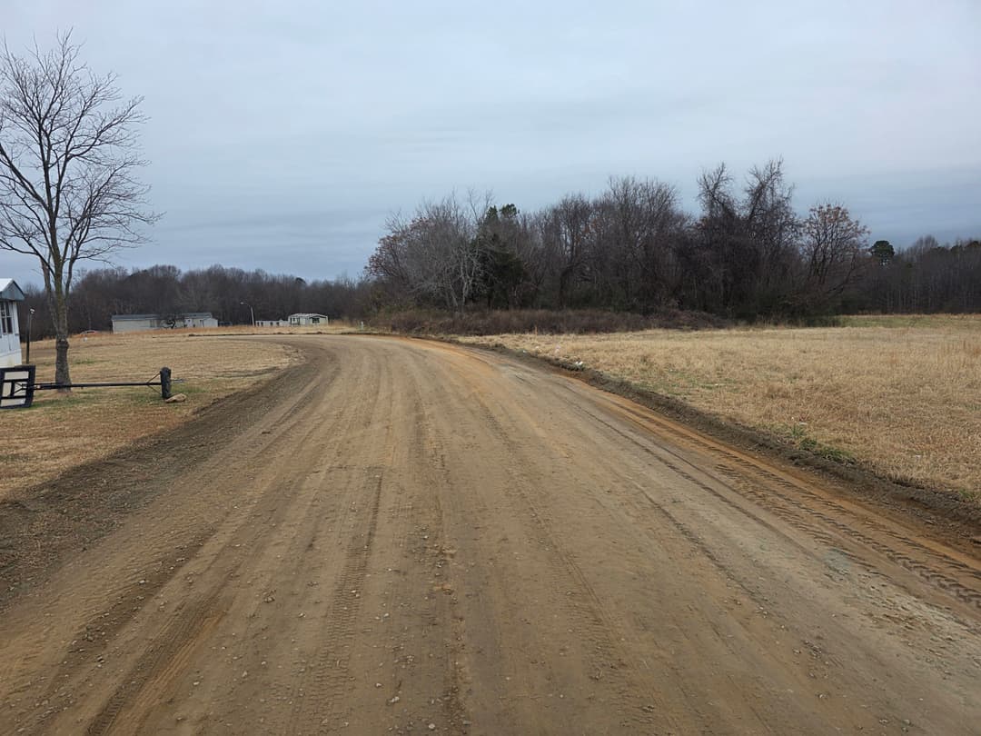 Dirt road leading through a rural landscape with bare trees and grassy fields.