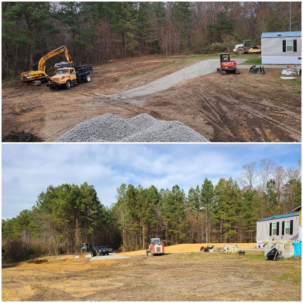 Construction site transformation showing gravel path and machinery near a mobile home.