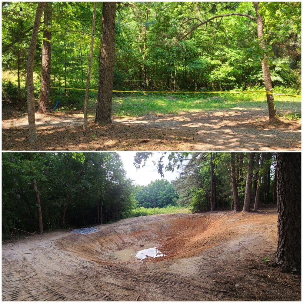Forest clearing showing transformation from natural landscape to excavated area with standing water.