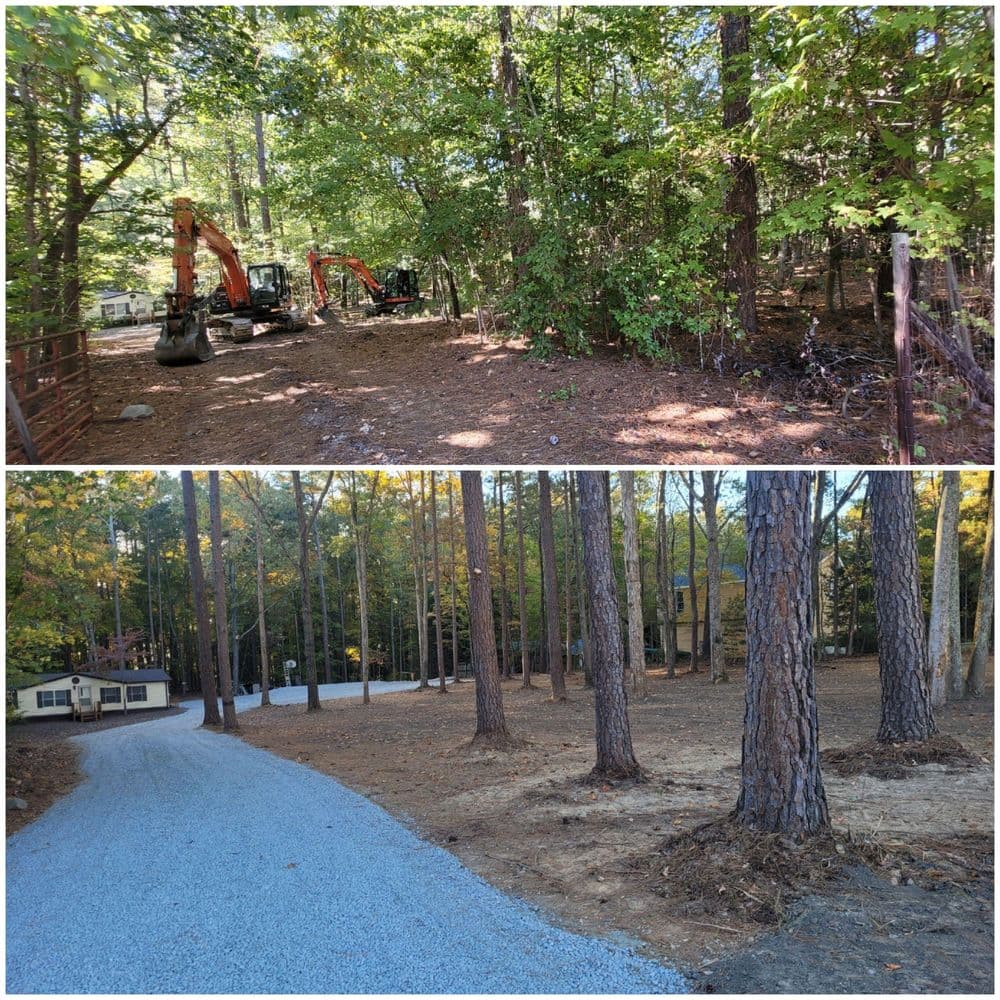 Before and after landscaping transformation: cleared wooded area with machinery and a gravel driveway.
