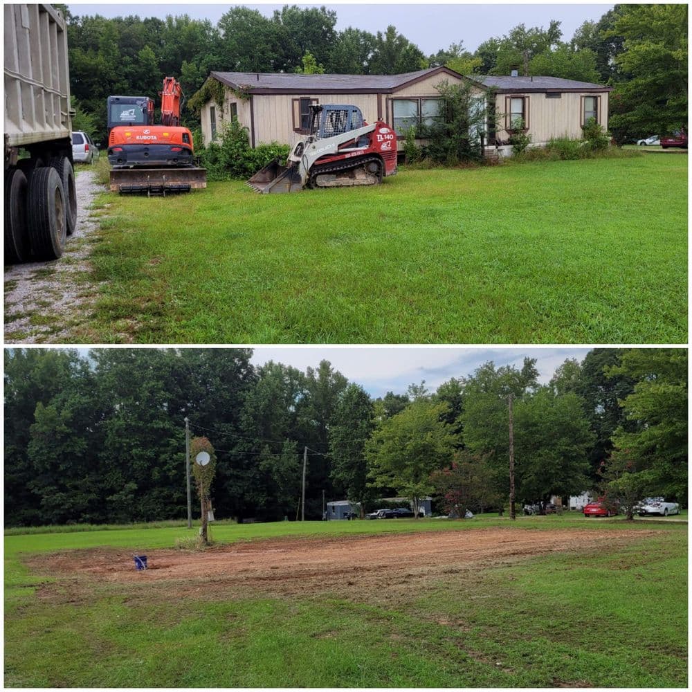 Before and after view of land cleared for site preparation, showing machinery and landscape changes.