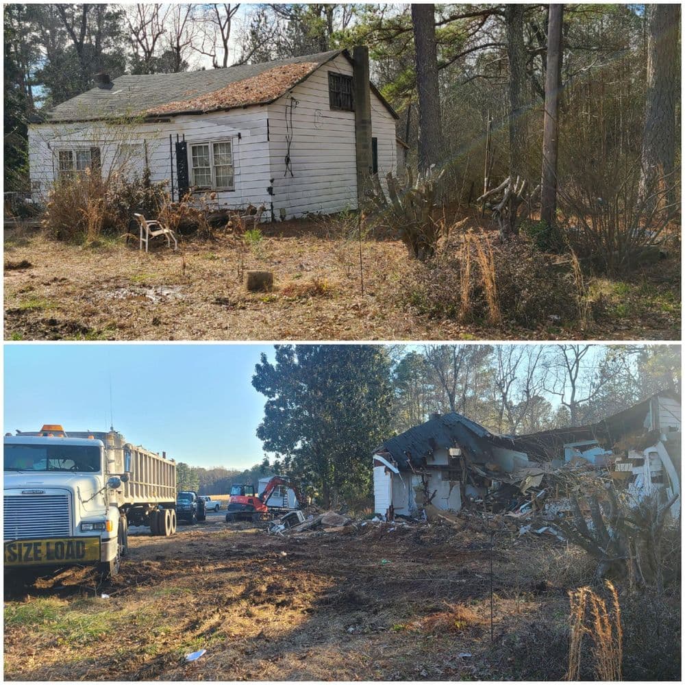 Before and after: dilapidated house demolition and site cleanup in rural area.