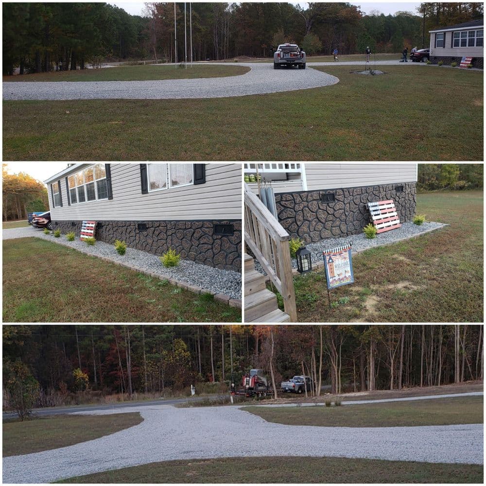 Gravel driveway and landscaping around a modern home with stone accents and signage.