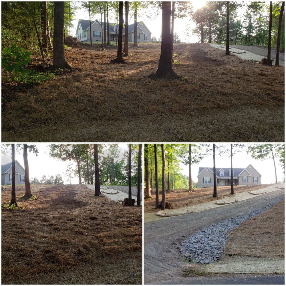 Newly cleared land with pine straw, trees, and a gravel driveway leading to a house.